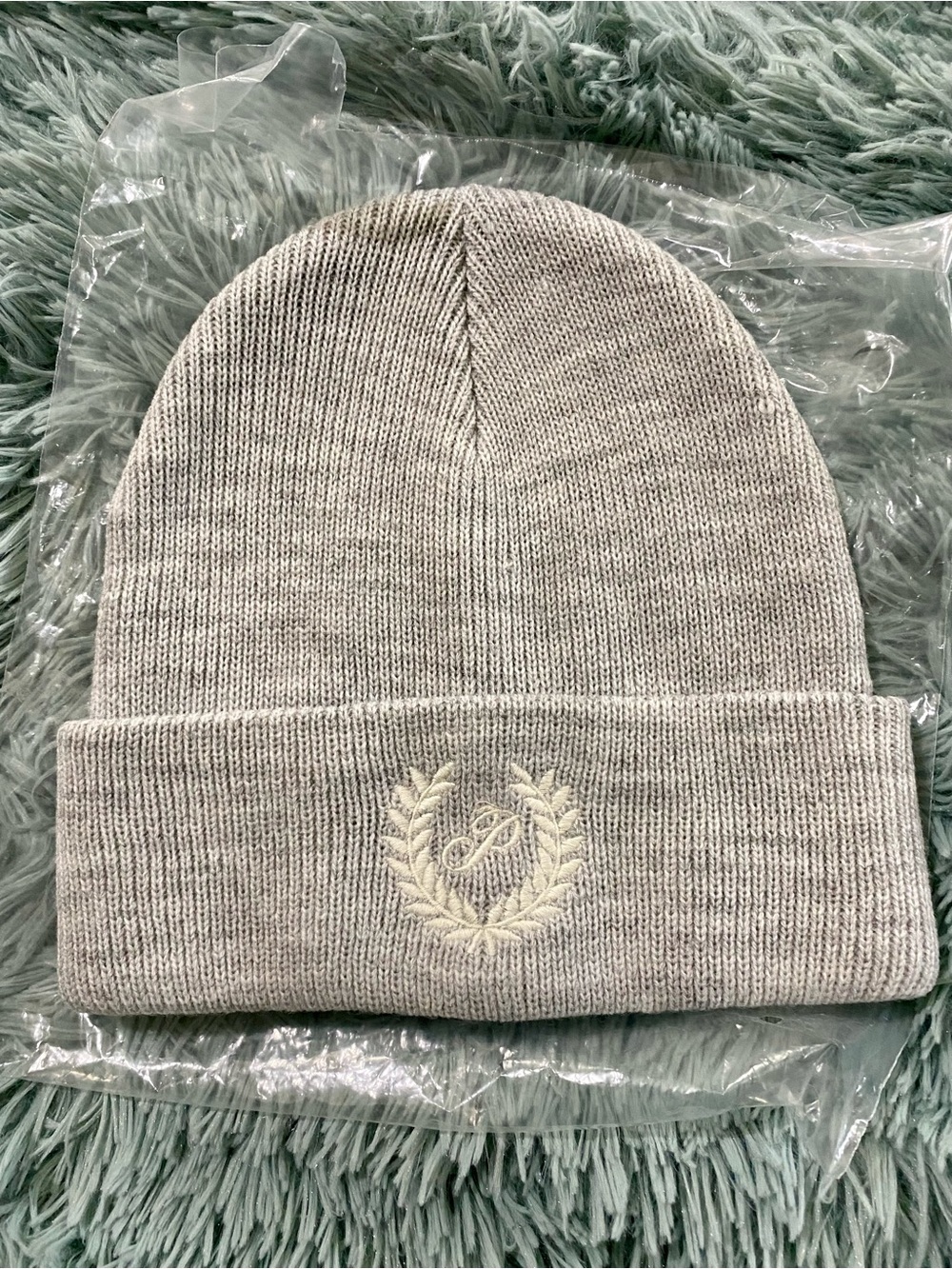 Victoria’s Secret Pink Grey Knit Beanie with Laurel Embroidery